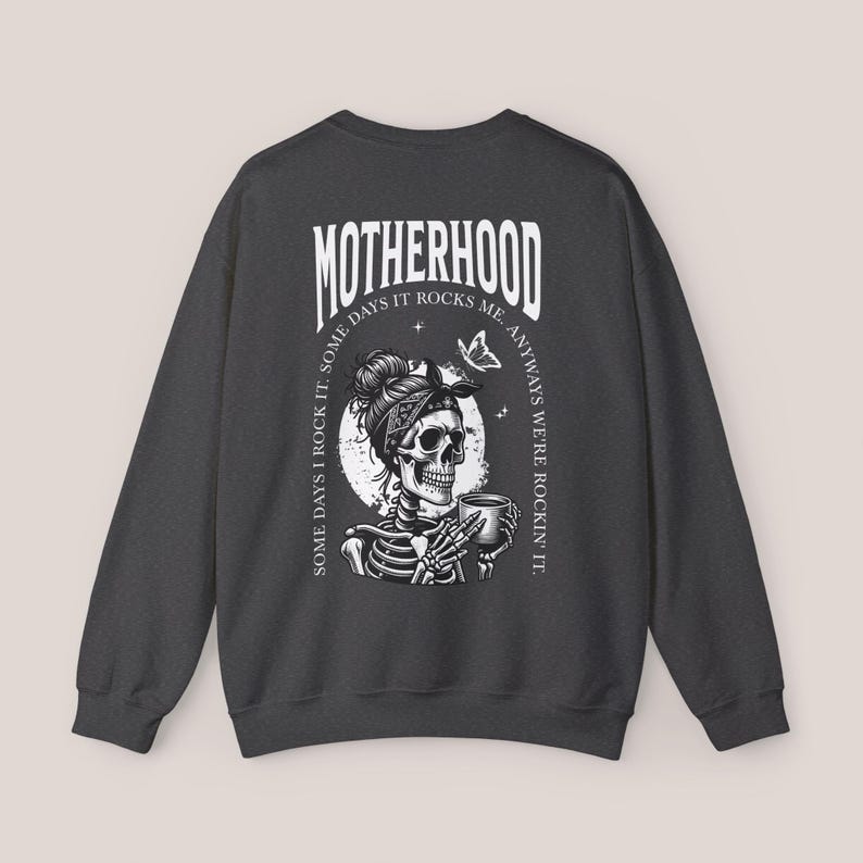 Motherhood Backprint Sweater, Mothersday Gift, Mom Sweatshirt, Motherhood Gift, Mom Jumper, New Born Mom Gift, Birth Gift, Mother's Day Gift Dark Heather