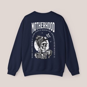 Motherhood Backprint Sweater, Mothersday Gift, Mom Sweatshirt, Motherhood Gift, Mom Jumper, New Born Mom Gift, Birth Gift, Mother's Day Gift Navy