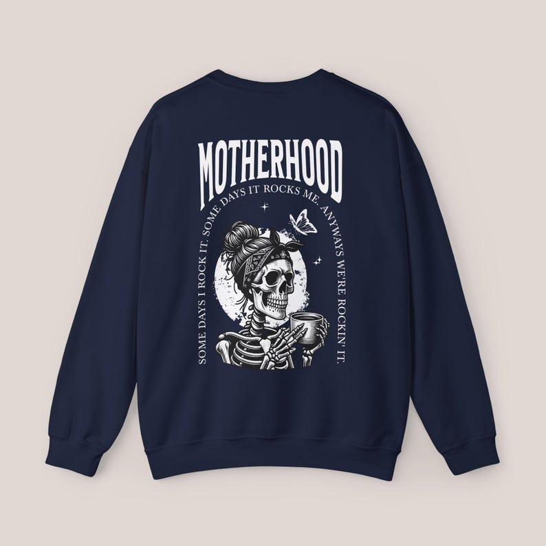 Motherhood Backprint Sweater, Mothersday Gift, Mom Sweatshirt, Motherhood Gift, Mom Jumper, New Born Mom Gift, Birth Gift, Mother's Day Gift Navy