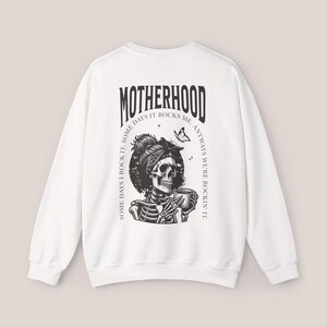 Motherhood Backprint Sweater, Mothersday Gift, Mom Sweatshirt, Motherhood Gift, Mom Jumper, New Born Mom Gift, Birth Gift, Mother's Day Gift White