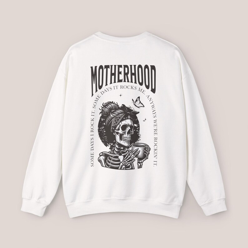 Motherhood Backprint Sweater, Mothersday Gift, Mom Sweatshirt, Motherhood Gift, Mom Jumper, New Born Mom Gift, Birth Gift, Mother's Day Gift White