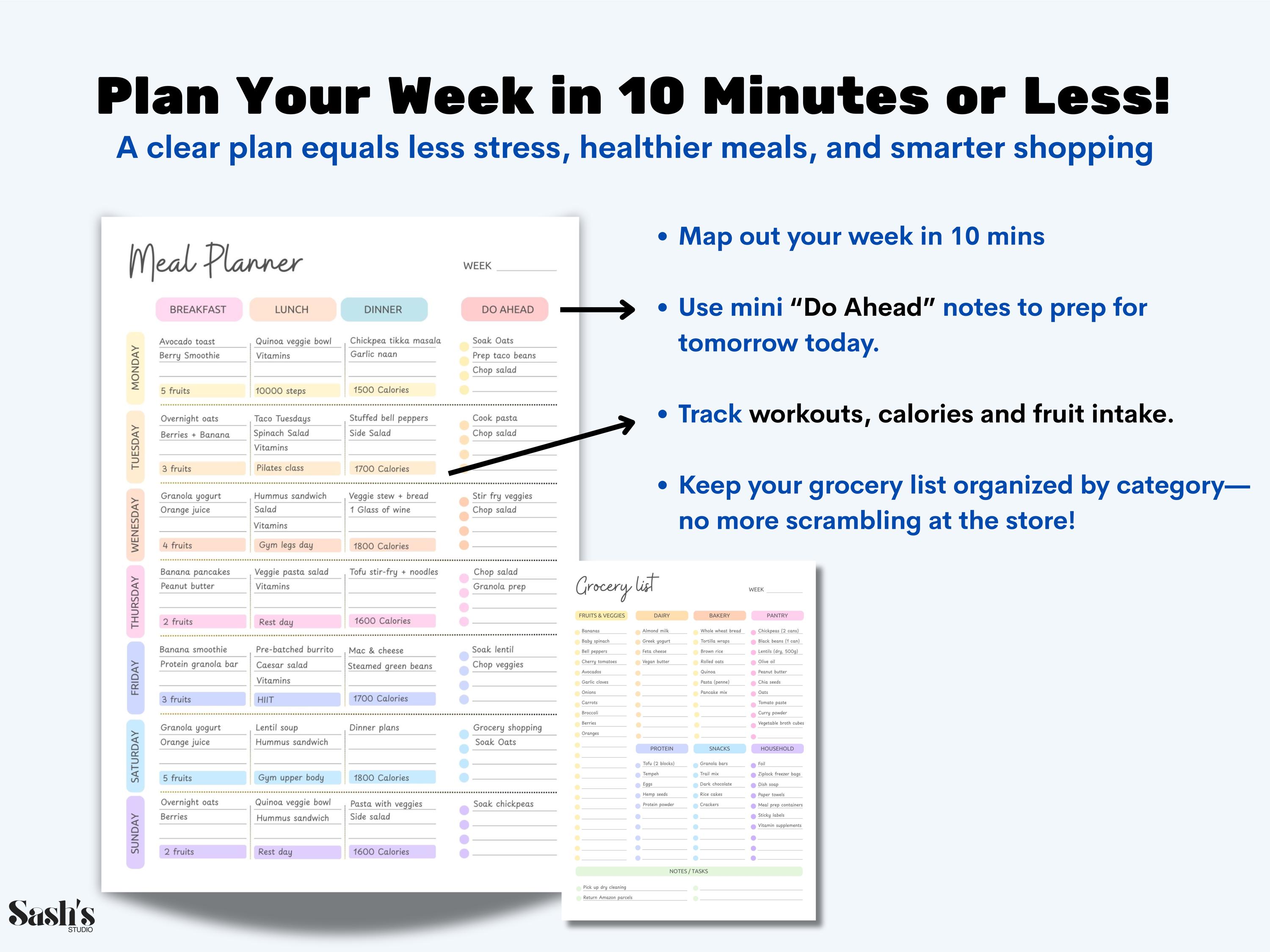 Weekly Meal Planner Printable Bundle | Grocery List, Batch Cooking Kit ...