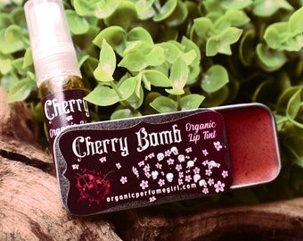 Ch Ch Ch CHERRY BOMB Organic Set Lip SET, Tint & Perfume, Classic Red  / Vegan / Artisan / Cherry Lip Balm // cruelty free lip tint