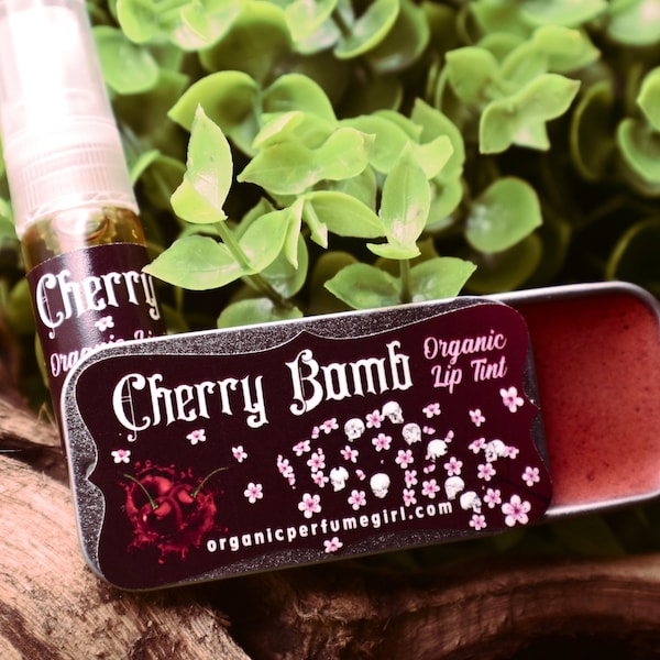 Ch Ch Ch CHERRY BOMB Organic Set Lip SET, Tint & Perfume, Classic Red  / Vegan / Artisan / Cherry Lip Balm // cruelty free lip tint