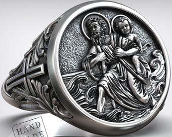 Saint Christopher Signet Ring - Sterling Silver Men's Faith Jewelry