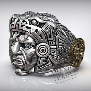 Aztec Warrior Ring – Kukulkan Priest Inspired Handmade Mesoamerican Statement Ring, Two-Tone Ancient God Jewelry for Bold Men