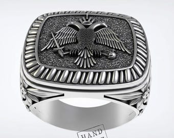 Double Headed Eagle Sterling Silver Signet Ring, Family Crest Coat