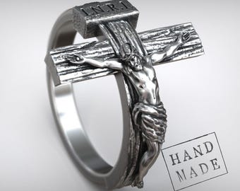 Silver Crucifix Ring: Raised Cross Detail, Men's Sizes