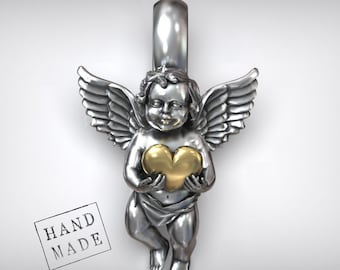 Cupid Angel Necklace - Silver with Gold Heart Charm