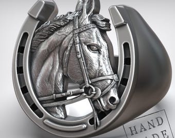 Zegelring: ontwerp met paard en hoefijzer (rustieke westernlook)