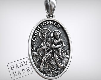 Saint Christopher Medal Pendant: Sterling Silver, Gothic Dark Finish