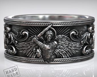 Anillo de plata de San Miguel - Anillo de guerrero religioso audaz