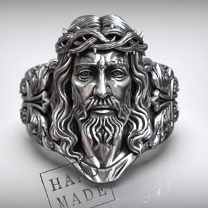 Anillo de Jesucristo con corona de espinas: anillo religioso hecho a mano con escultura 3D, joyería cristiana de plata de ley para hombre.