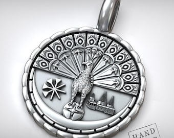 Peacock Angel Pendant: Yezidi Symbol with Lalish Temple - 925 Silver