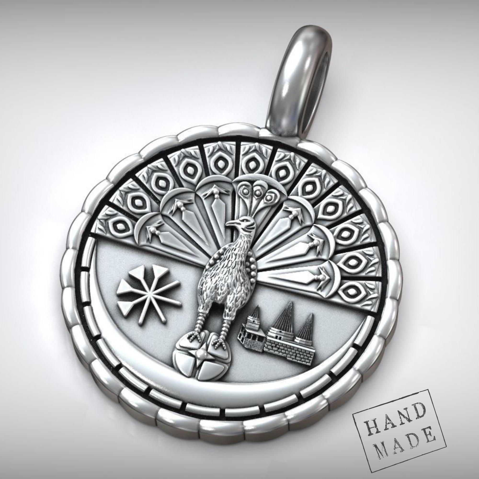 Peacock Angel Pendant: Yezidi Symbol With Lalish Temple - 925