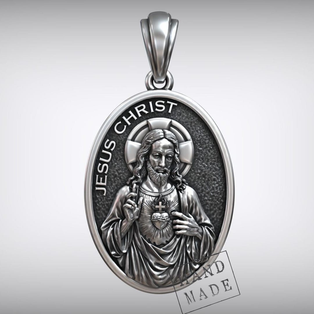 Sacred Heart of Jesus Pendant – 925 Sterling Silver Christian Medallion ...