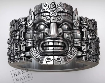 Aztekisk krigare silverring - djärv tribal maskarmband