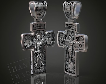 Handmade Sterling Silver Orthodox Cross Pendant: Saint Michael & Crucifixion