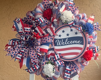 Patriotic Deco Mesh Wreath, Red White & Blue, 4th of July Wreath, Memorial Day