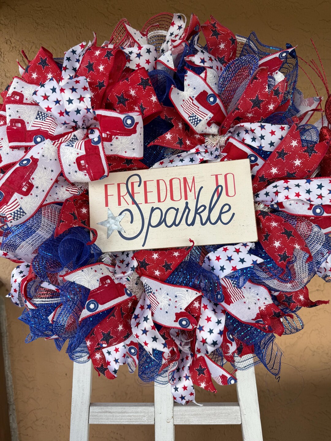 Patriotic Deco Mesh Wreath, Red White & Blue, 4th of July Wreath ...