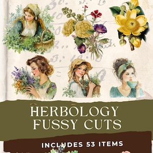 Puede incluir: Un collage de ilustraciones en acuarela con mujeres con hierbas y flores. Se muestra el texto "HERBOLOGY FUSSY CUTS", junto con "INCLUDES 53 ITEMS". Las imágenes tienen una estética vintage con colores suaves y temas botánicos.