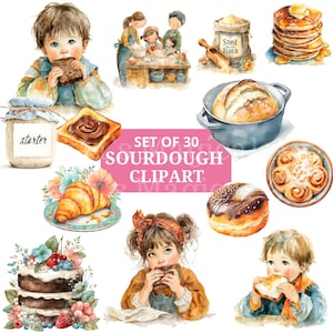 May include: Watercolor clipart set featuring various baked goods and children. Includes images of bread, pancakes, croissants, and a cake. The text "SET OF 30 SOURDOUGH CLIPART" is displayed on a pink background.