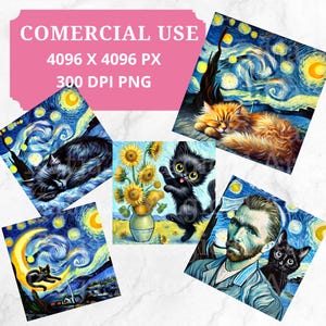 25 images chats Van Gogh, tournesols Van Gogh avec chat, clipart Van Gogh, peinture chats nuit étoilée, peinture Van Gogh, clipart imprimable