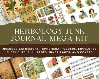 May include: A collection of vintage-style ephemera for junk journals, featuring botanical illustrations, portraits, and labels. The kit includes 232 designs with fussy cuts, full pages, and covers. The text on the image reads "Herbology Junk Journal Mega Kit".
