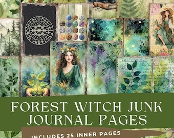 Pode incluir: Uma colagem de ilustrações em aquarela com tema de bruxa da floresta. As imagens incluem uma coruja, uma raposa, um gato preto e mulheres em vestidos verdes. O texto diz "FOREST WITCH JUNK JOURNAL PAGES" e "INCLUDES 25 INNER PAGES."