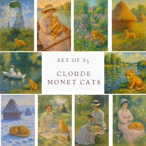 May include: A collection of 25 art prints, each showcasing an orange tabby cat in the style of Claude Monet. The artworks feature scenes of nature and people, rendered with soft colours and impressionistic brushstrokes. The text "Set of 25 Claude Monet Cats" is displayed.