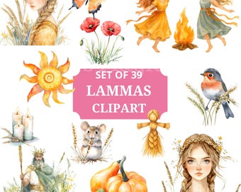 May include: A set of 39 Lammas clipart images. The watercolour illustrations feature a woman, a butterfly, poppies, dancing figures, a bonfire, a sun, candles, a bird, a mouse, a straw figure, a pumpkin, and a man.