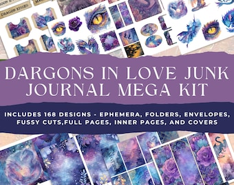 Dragons in Love Junk Journal Mega Kit – 168 Items, 64 Printable Pages, Mystical Dragon Junk Journal Kit with Ephemera, Fussy Cuts & Covers
