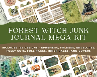Forest Witch Journal Mega Kit – 195 Items, 58 Printable Pages, Green Witch Junk Journal Kit with Ephemera, Fussy Cuts & Covers