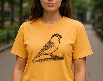 Organic Cotton T-Shirt: Hand-Printed Sparrow Illustration, Nispero Yellow
