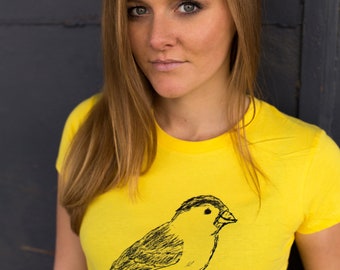 Gelbes Frauen T-Shirt mit Spatz Fair Trade