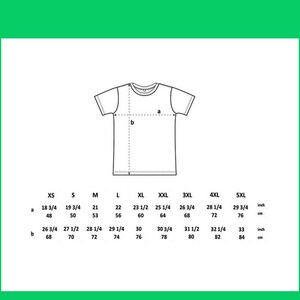 May include: A white t-shirt diagram with measurements in inches and centimeters. The diagram shows the dimensions for sizes XS to 5XL, including chest and length measurements. The image is on a green background.