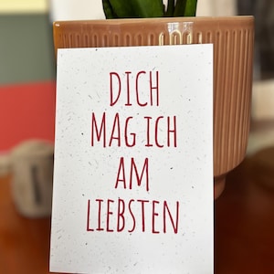 May include: A rectangular white card with a speckled texture featuring the red text DICH MAG ICH AM LIEBSTEN. The card is positioned in front of a ribbed, light brown ceramic planter containing a green plant with long, pointed leaves.