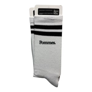May include: A pair of white crew socks featuring two horizontal black stripes near the top cuff and the word Pommes. embroidered in black lettering on the side. The socks are attached to a white cardboard header card with the text I love mix tapes.