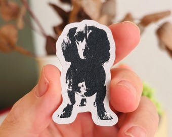May include: A die-cut sticker featuring a high-contrast black and white illustration of a long-haired dachshund dog standing in a forward-facing position. The sticker has a white border around the dog's silhouette and a textured, ink-like appearance.
