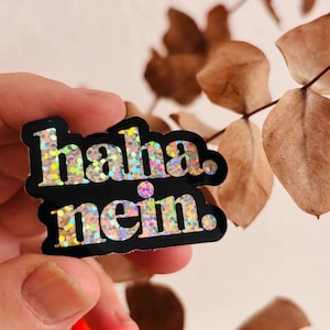 May include: A die-cut sticker featuring the text "haha. nein." in a bold, rounded font. The letters have a reflective, holographic silver finish with a multi-colored sparkle effect, set against a solid black background with a smooth border.