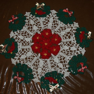 Crochet Christmas Wreath & Cardinals With Poinsettia Flowers Doily Pattern