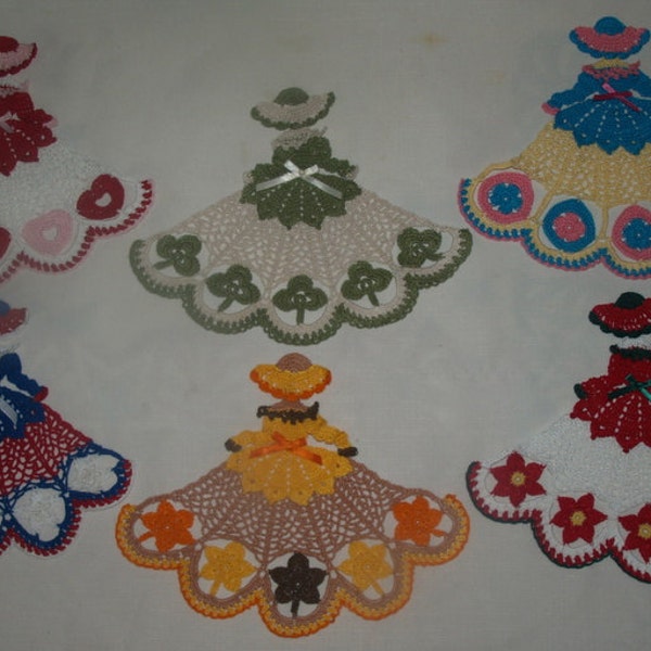 6 Crochet Doily Girl Pattern Lot- Heart, Poinsettia, Shamrock, July 4th, Leaf, Easter Egg