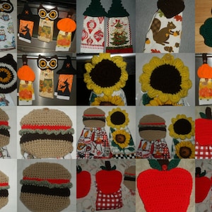 9  Crochet Towel Toppers-Acorn- Christmas Tree-Halloween Witch  Hat-Owl- Pumpkin-Shamrock-Sunflower-Hambuger