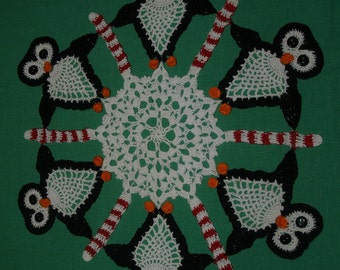 Crochet Penguins and Peppermint Sticks Doily Pattern