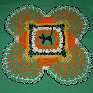 Halloween Cat, skulls and Candy Corn Crochet Doily
