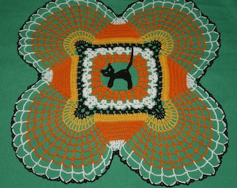 Halloween Cat, skulls and Candy Corn Crochet Doily