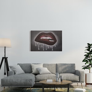 Dripping Lips Wall Art - Moody Canvas Print - Dark Feminine Aesthetic - Surreal Lip Painting - Sensual Modern Home Decor