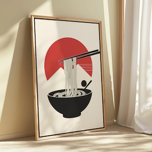 Minimalist Ramen Noodles Wall Art Print – Modern Japanese Kitchen Poster, Bold Red & Black Chopsticks Illustration - Ramen Gift - Japan Gift
