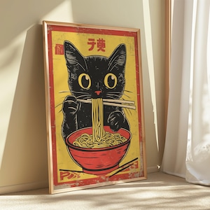 Vintage Ramen Cat Poster Japanese Noodle Art Print Black Cat Kitchen Wall Decor Retro Cat Illustration Aesthetic Noodle Cat Cat Lover Gift