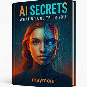 以下が含まれることがあります： 「AI SECRETS WHAT NO ONE TELLS YOU」というタイトルの本の表紙。女性の顔が半分に分かれ、片方は人間、もう片方は回路基板のデザインです。著者の名前「Imaymoni」が下にあります。デザインは青、オレンジ、金色のトーンを使用しています。